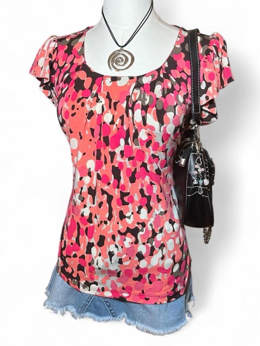 Y2K Worthington Pink Orange Multi-Color Ruffle Blouse Preppy Coquette Abstract